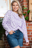 Purple Leopard Print Boat Neck Drop Shoulder Waffle Knit Plus Size Top