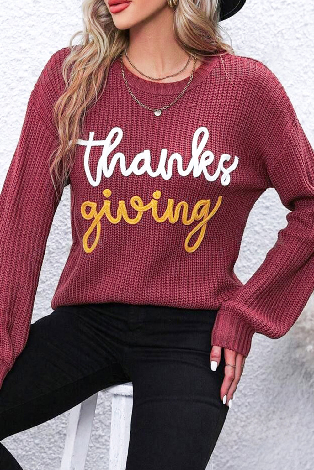 Gold Flame Thanks Giving Letter Graphic Crew Neck Sweater