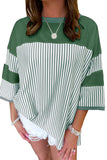 Mist Green Striped Patchwork 3/4 Sleeve Casual Top