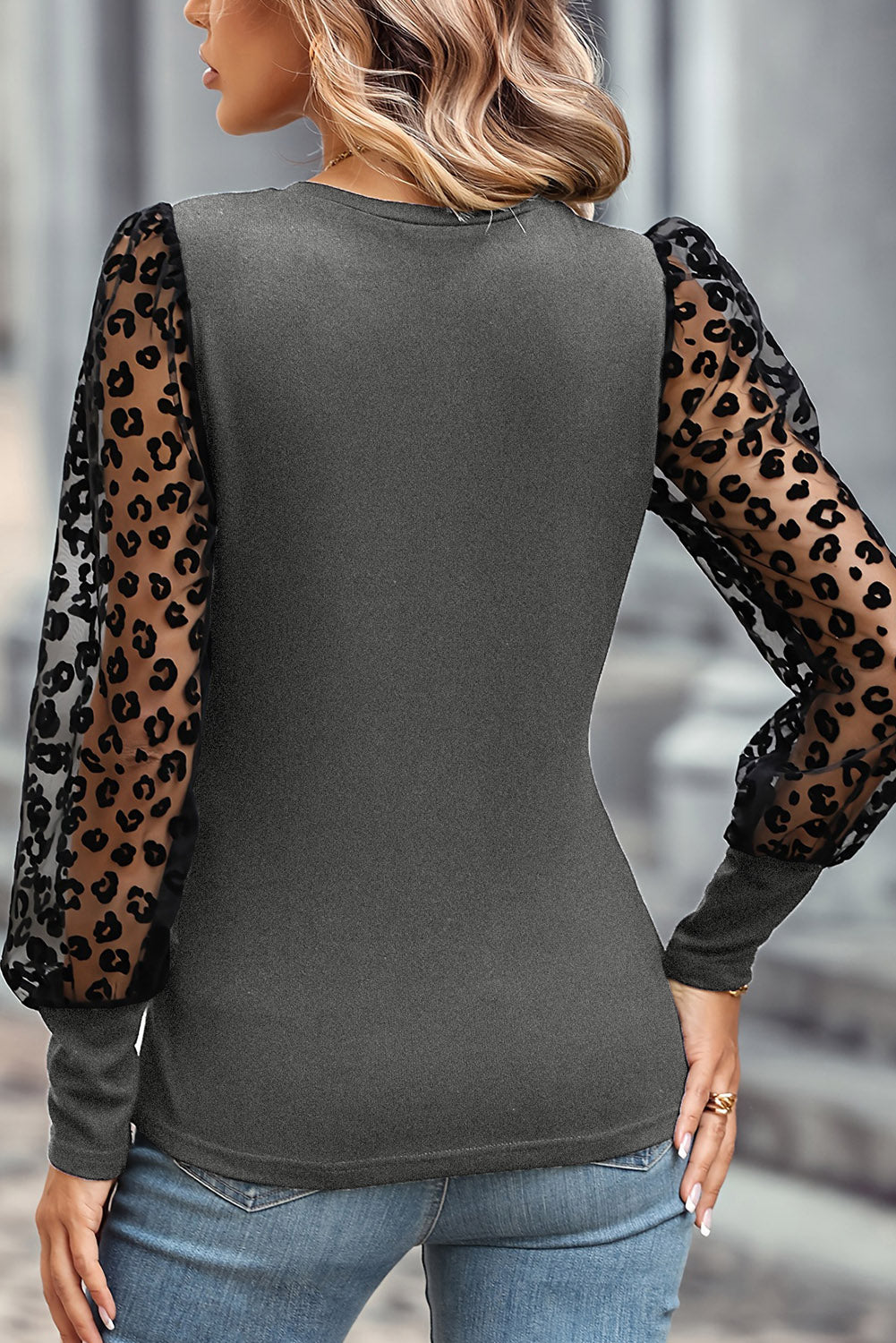 Leopard Mesh Puff Sleeve Patchwork Slim Fit Top