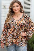 Plus Size Floral V-Neck Long Sleeve Blouse