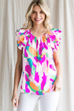 Abstract Pattern Ruffle Short Sleeves Blouse