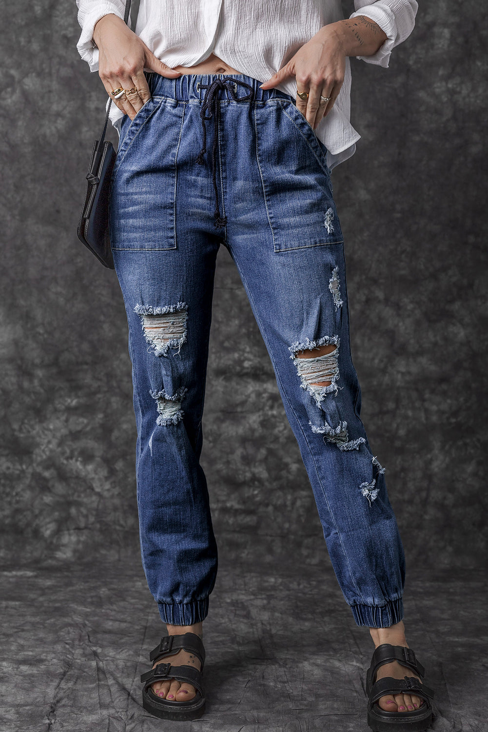 Blue Pocketed Distressed Denim Joggers