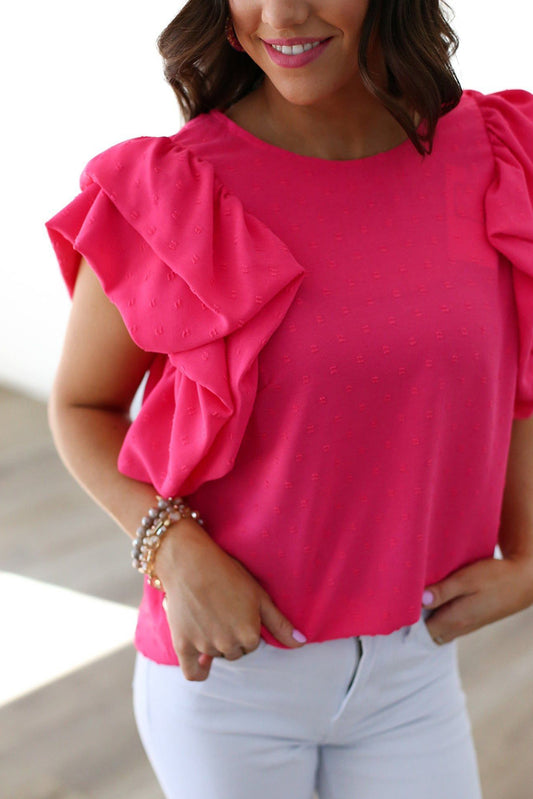 Rose Red Ruffled Sleeve Swiss Dot Blouse