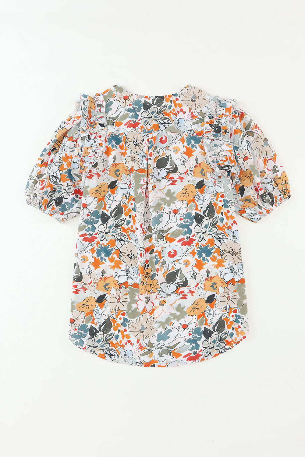 Split V Neck Puff Sleeve Flower Print Blouse