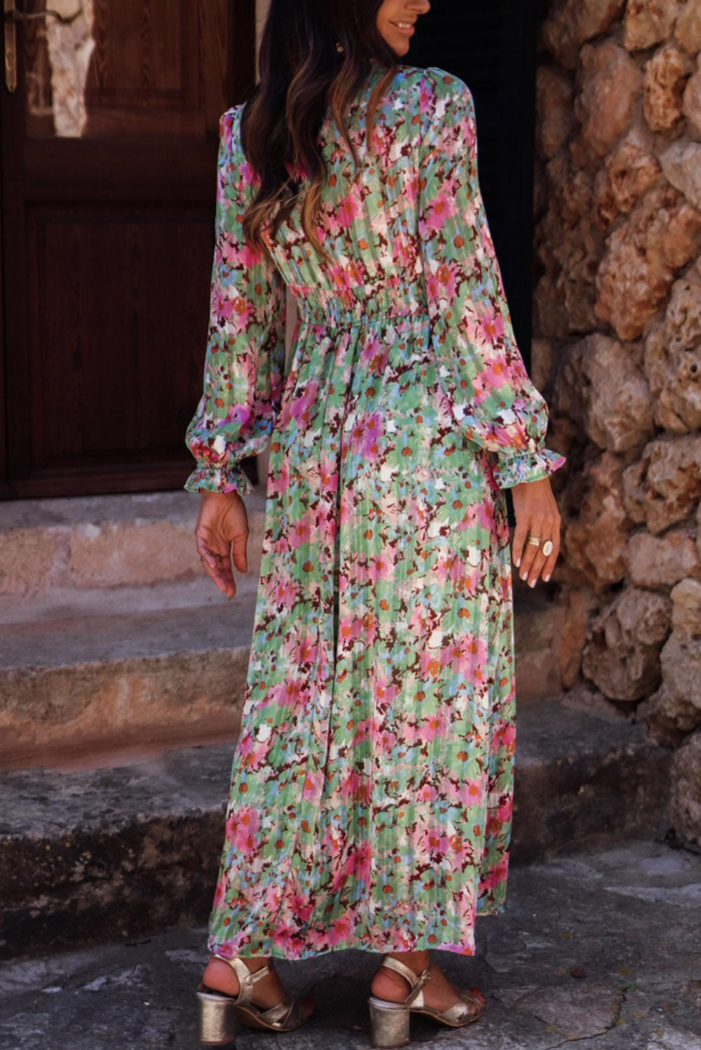 Robe longue à imprimé floral et col en V profond froncé à la taille cintrée vert