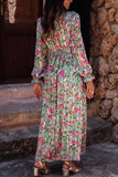 Floral Print Deep V Neck Ruched Cinched Waist Maxi Dress