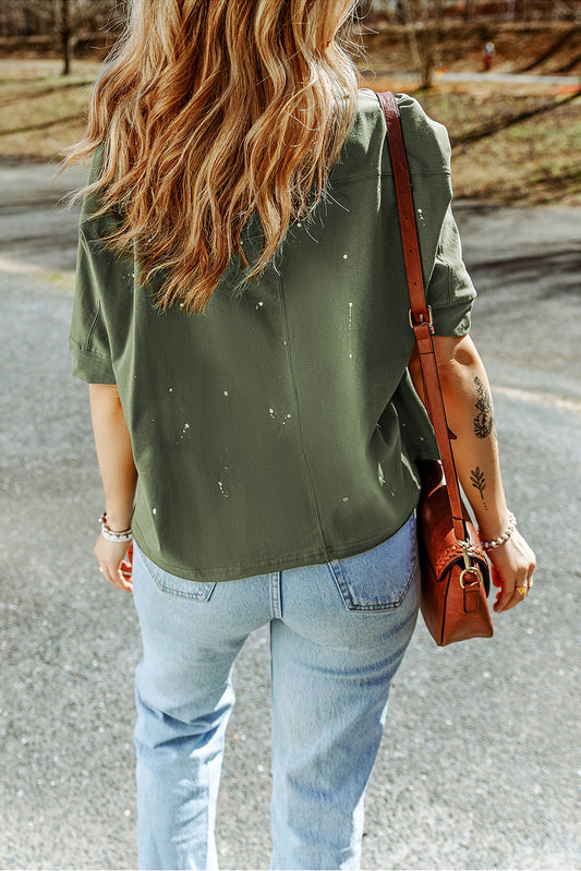 Distressed Bleached Asymmetric Hem Short Sleeve Top