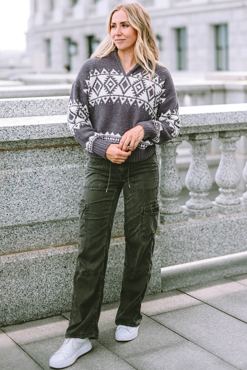 Western Geometric Printed Quarter Zip Pullover Sweater