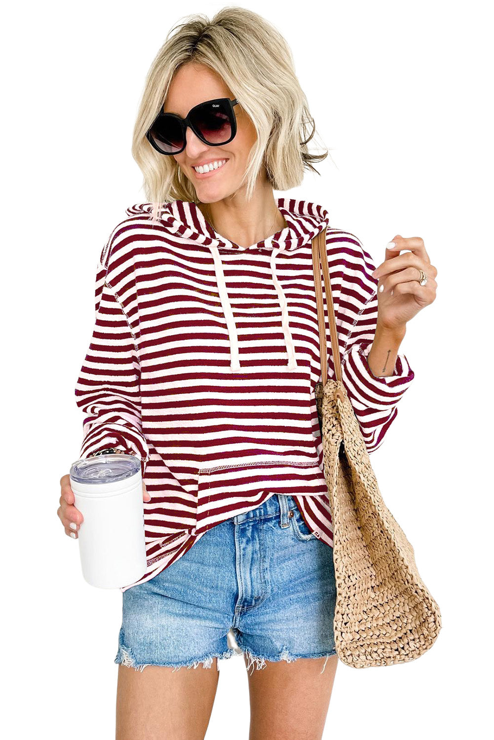 Stripe Kangaroo Pocket Drawstring Hoodie