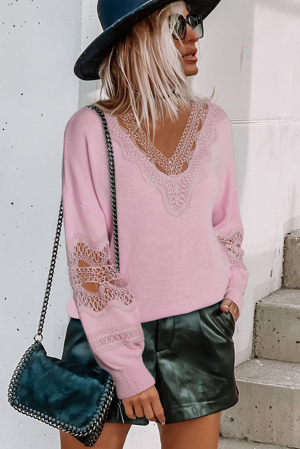 Hollowed Lace Splicing V Neck Loose Sweater