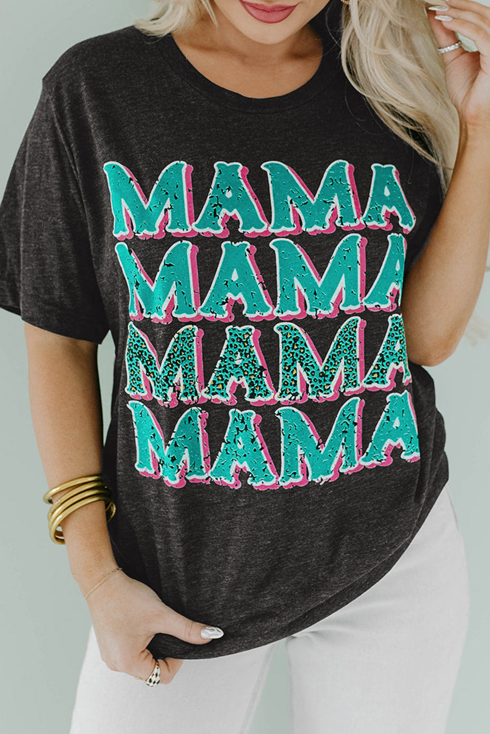 MAMA Letter Print Vintage Leopard Graphic T Shirt