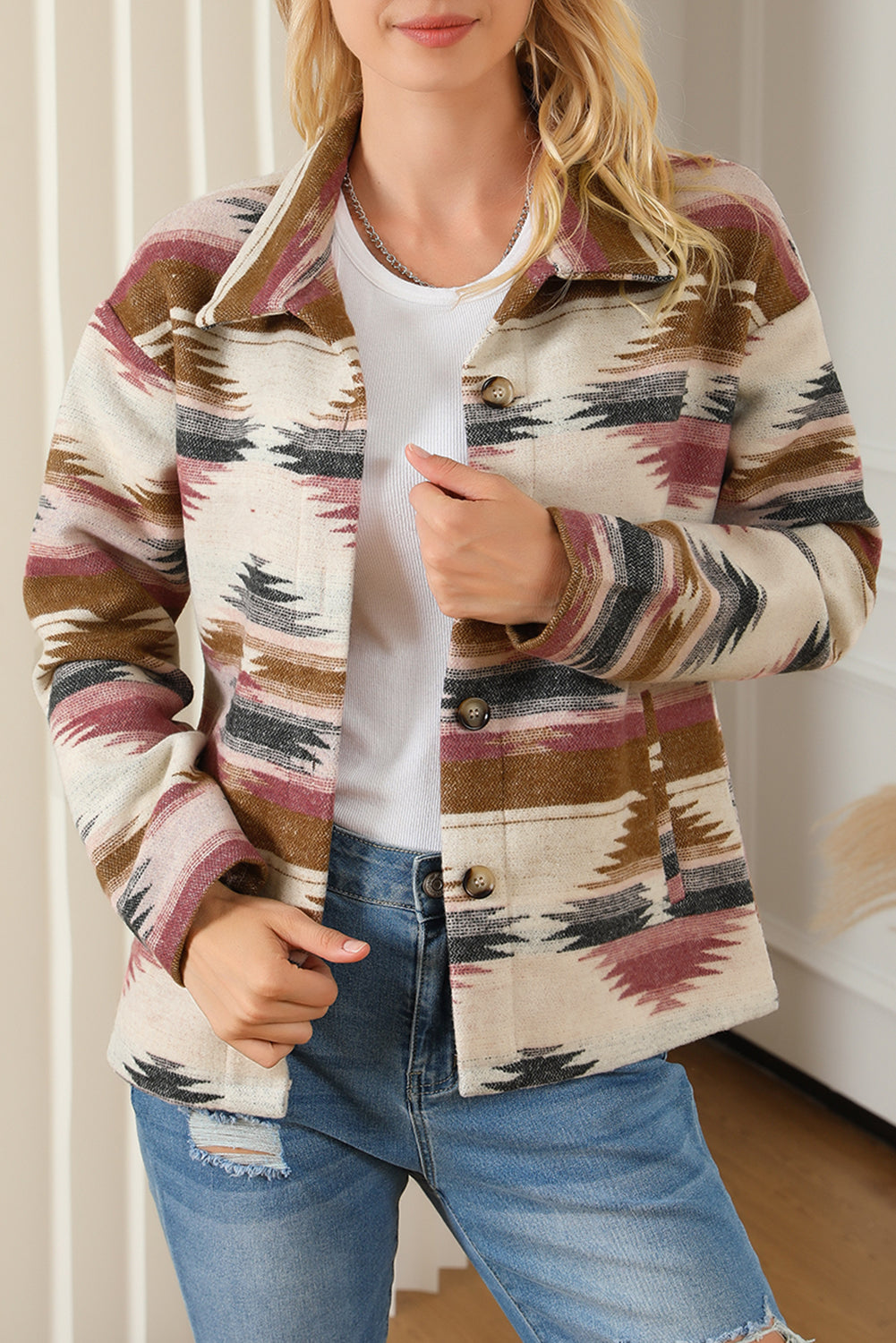 Multicolor Aztec Print Zipped Split Neck Hoodie