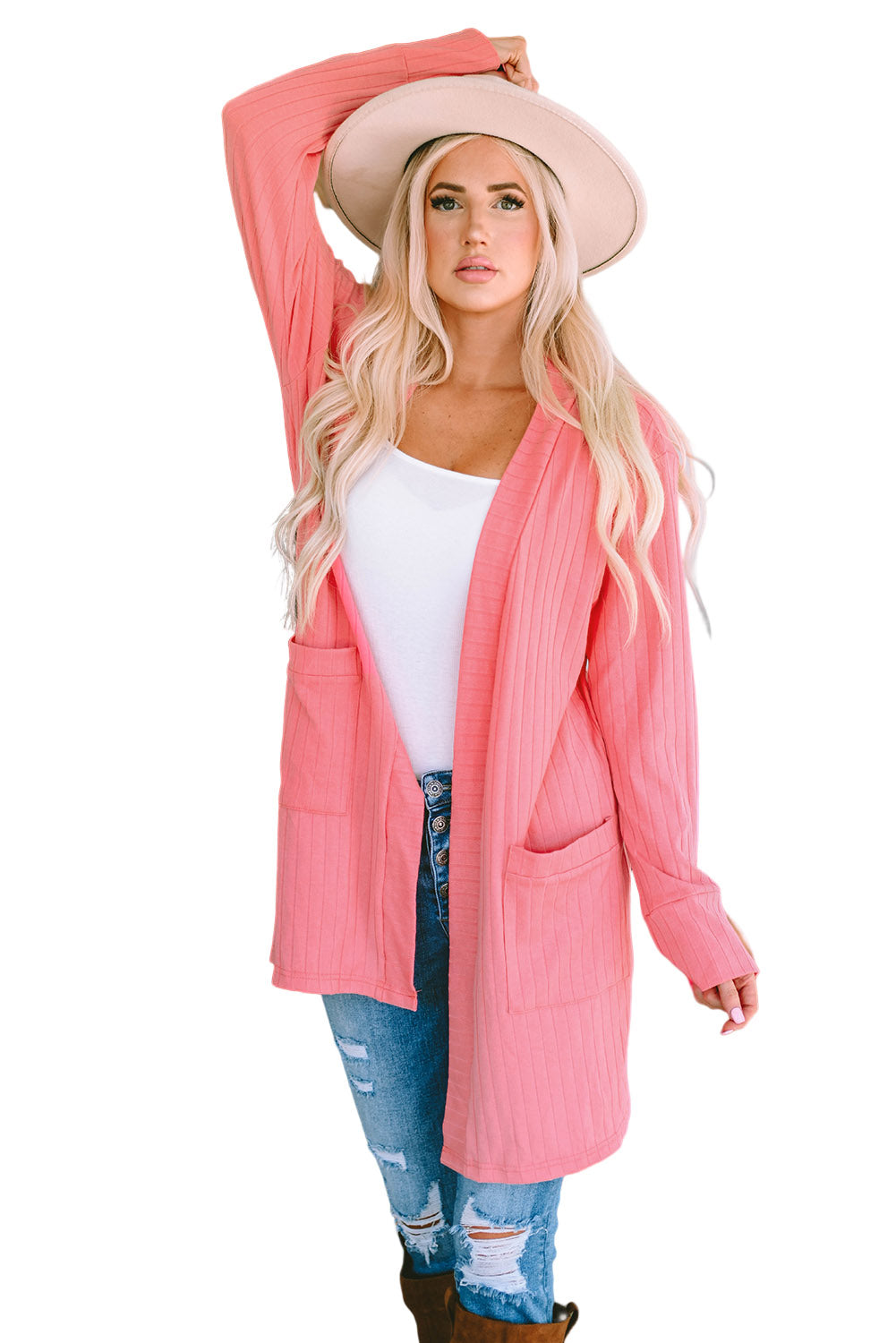 Open Front Pocketed Knit Cardigan