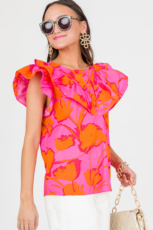 Rose Floral Ruffled Trim Flutter Sleeve Summer Top