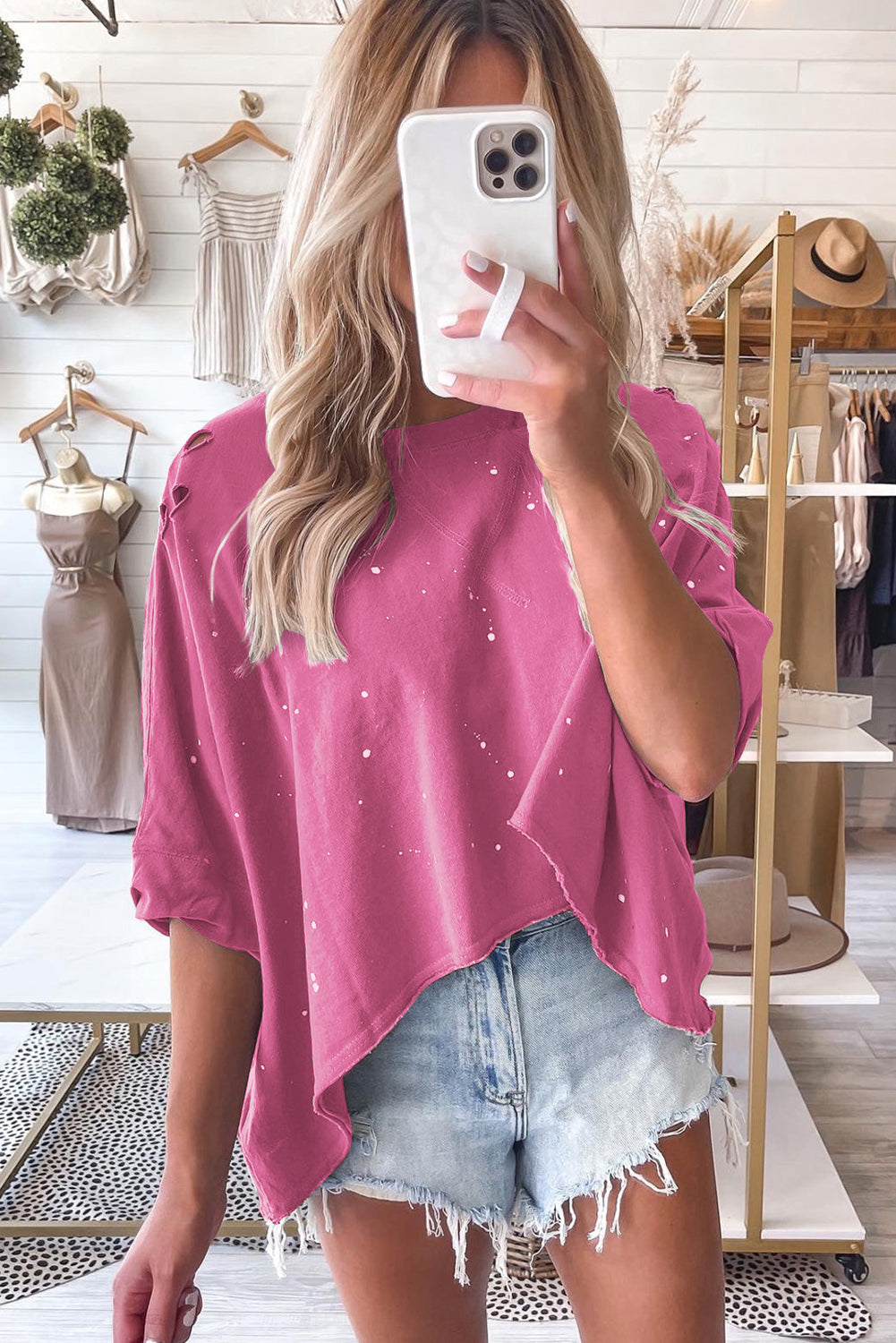 Distressed Bleached Asymmetric Hem Short Sleeve Top