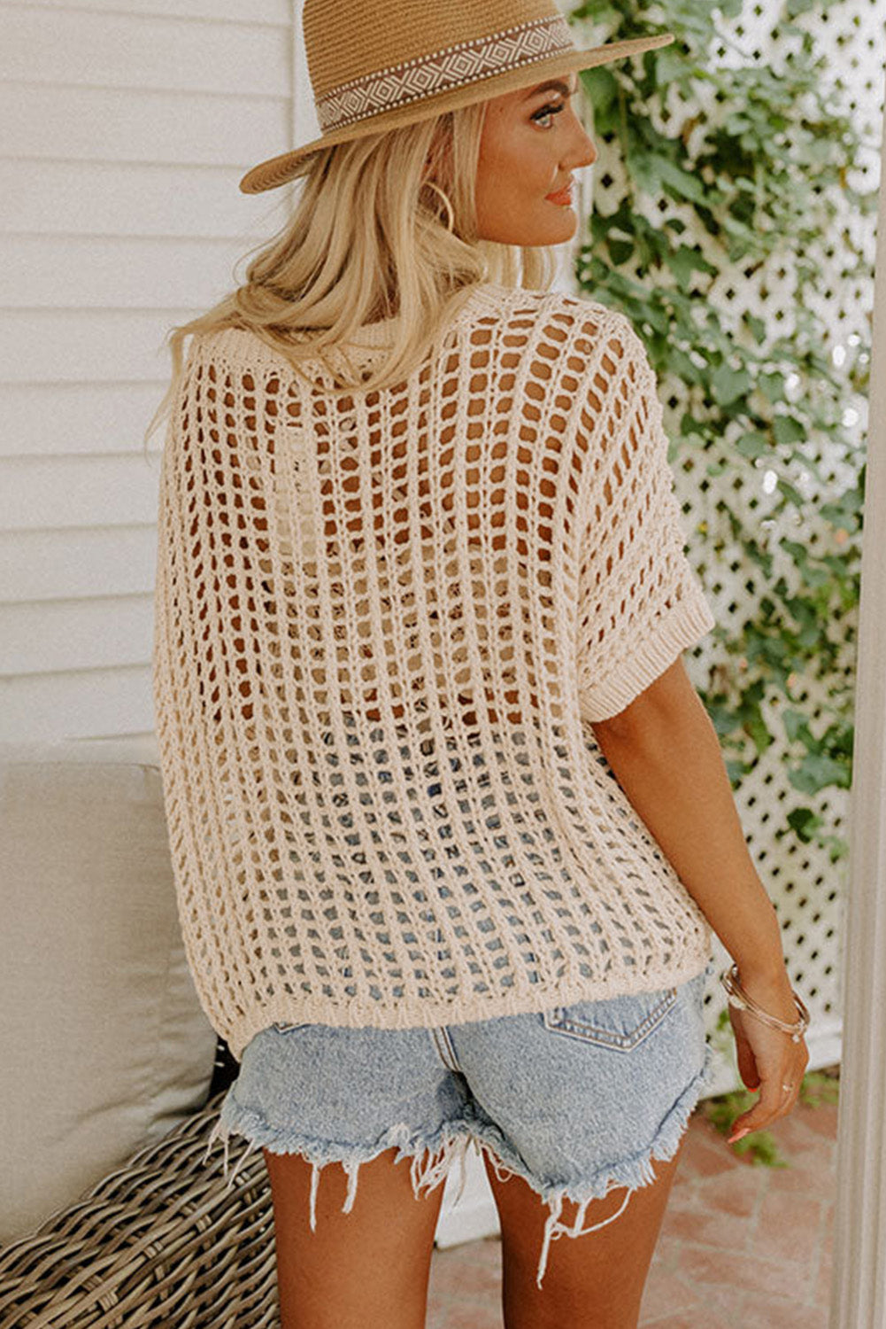 Fishnet Knit Ribbed Round Neck Short Sleeve Sweater Tee