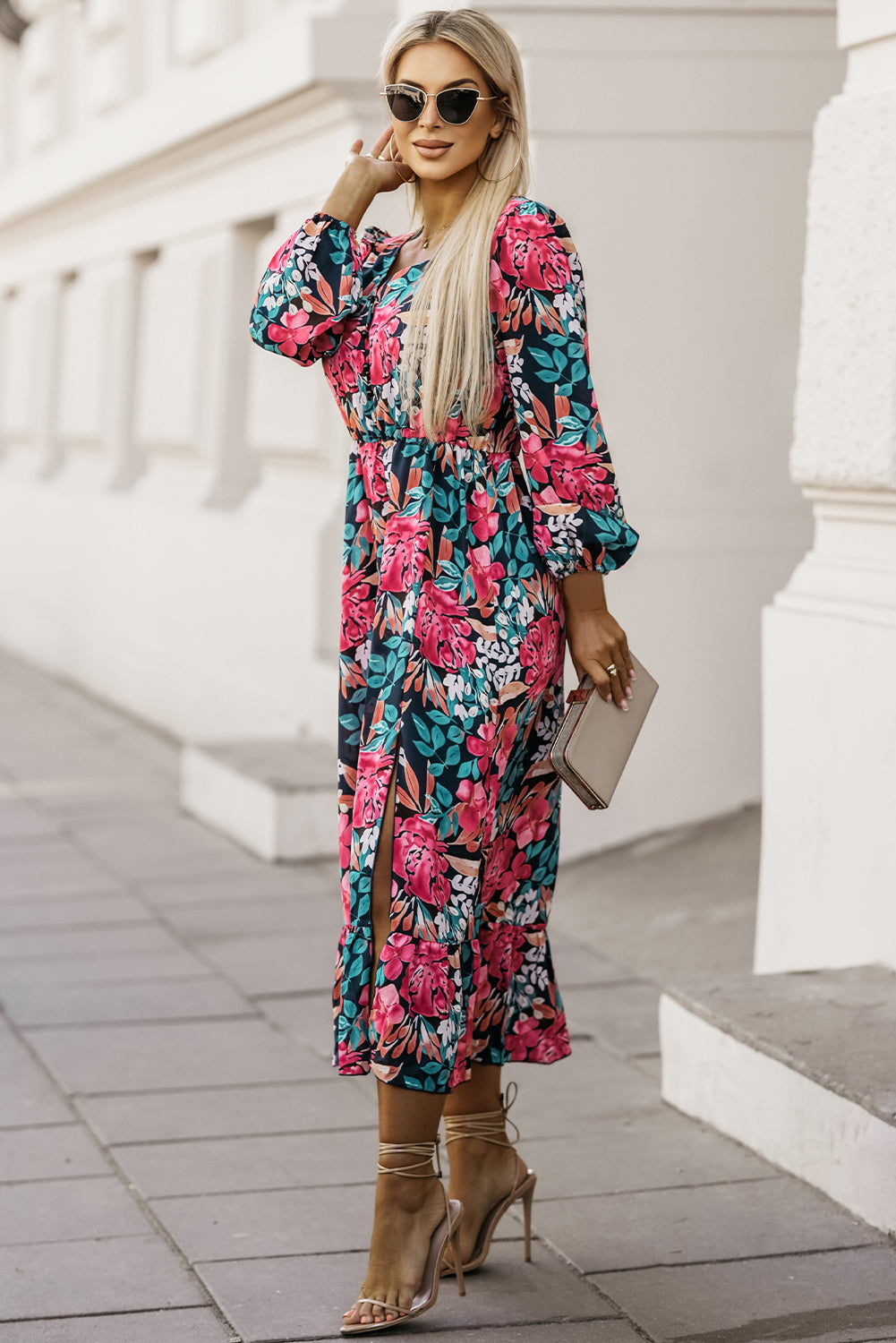 V Neck Elastic High Waist Split Floral Dress