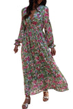 Robe longue à imprimé floral et col en V profond froncé à la taille cintrée vert