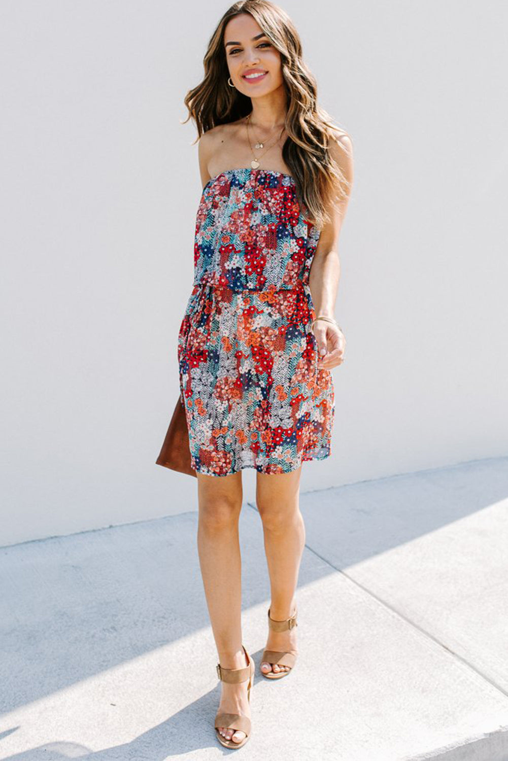 Floral Print Tiered Ruffled Bandeau Mini Dress