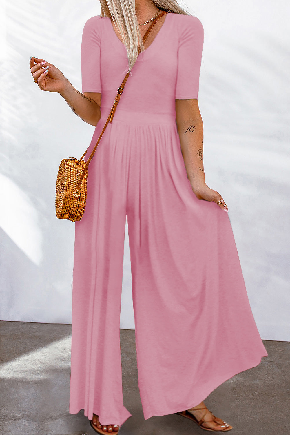 Short Sleeve Bodice Flowy Wide Leg Jumpsuit