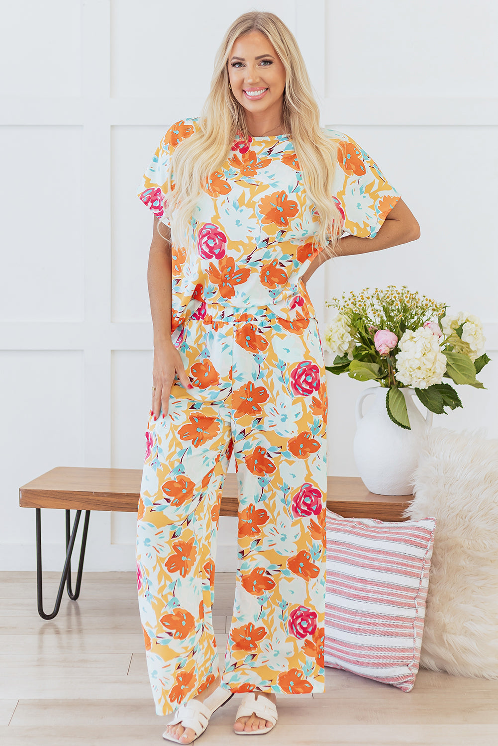 Orange Vibrant Floral Printed Short Sleeve Top 2 Piece Pants Set