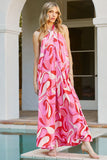 Pink Abstract Swirl Print Halter Maxi Dress