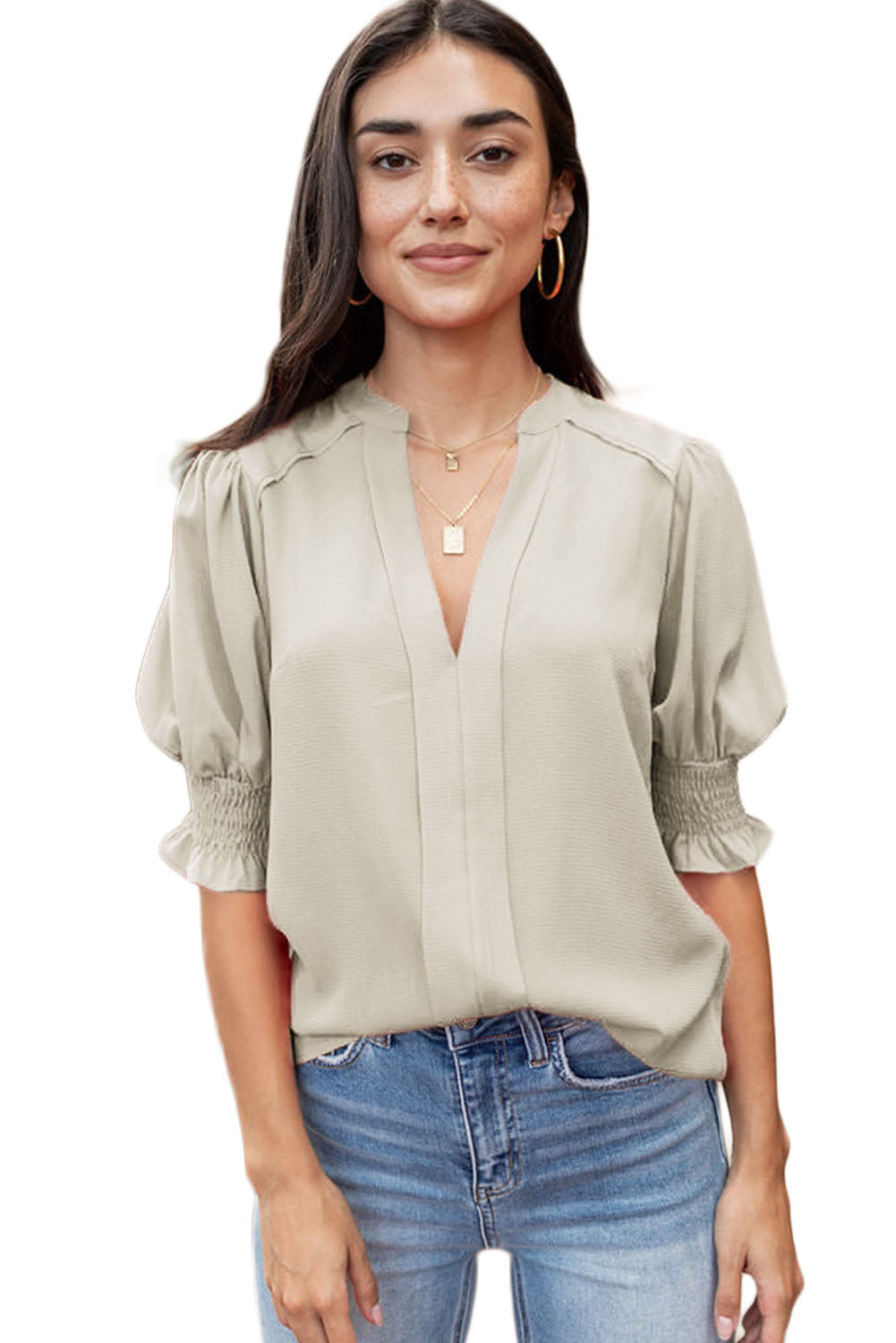 Solid Color Half Sleeve V Neck Blouse