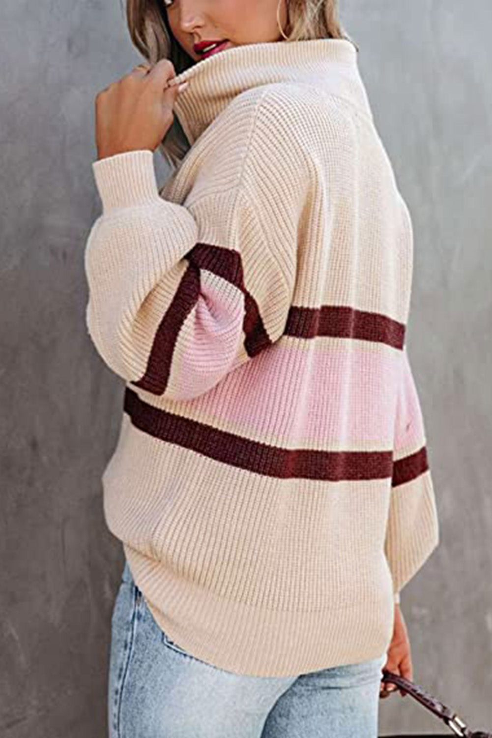 Striped Color Block Knit Zip Collared Sweater