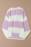 Striped Knit Button Ribbed Split Neck Sweater