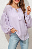 Blue Lantern Sleeve Stripe Tassel Drawstring Blouse