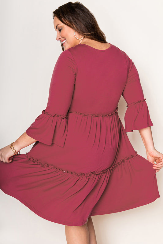 Tiered Ruffled 3/4 Sleeve Plus Size Dress