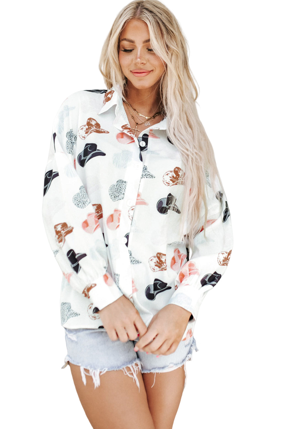 Cow Boy Hats Puff Sleeve Button Up Shirt