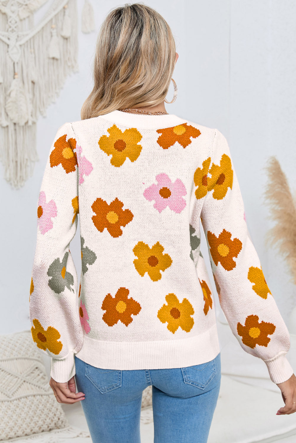 Sweet Flower Knitted Ribbed Hem Sweater