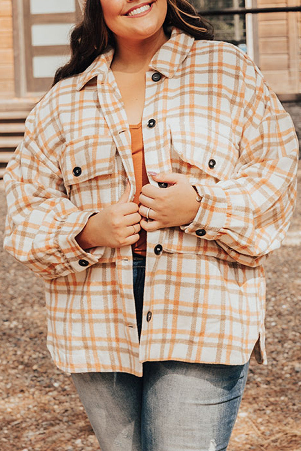 Plus Size Plaid Jacket with Flap Pockets