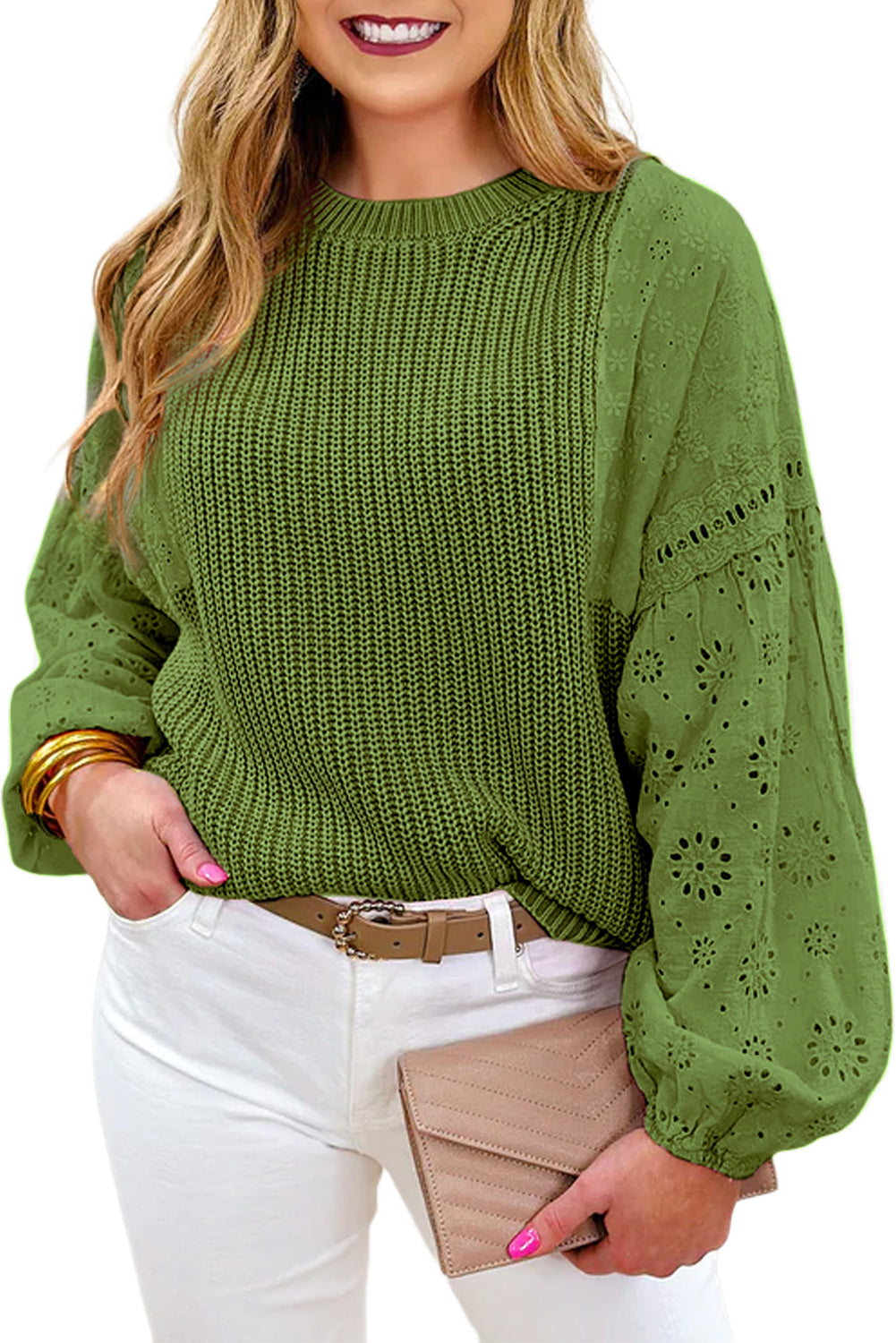 Pull patchwork vert à œillets et épaules tombantes