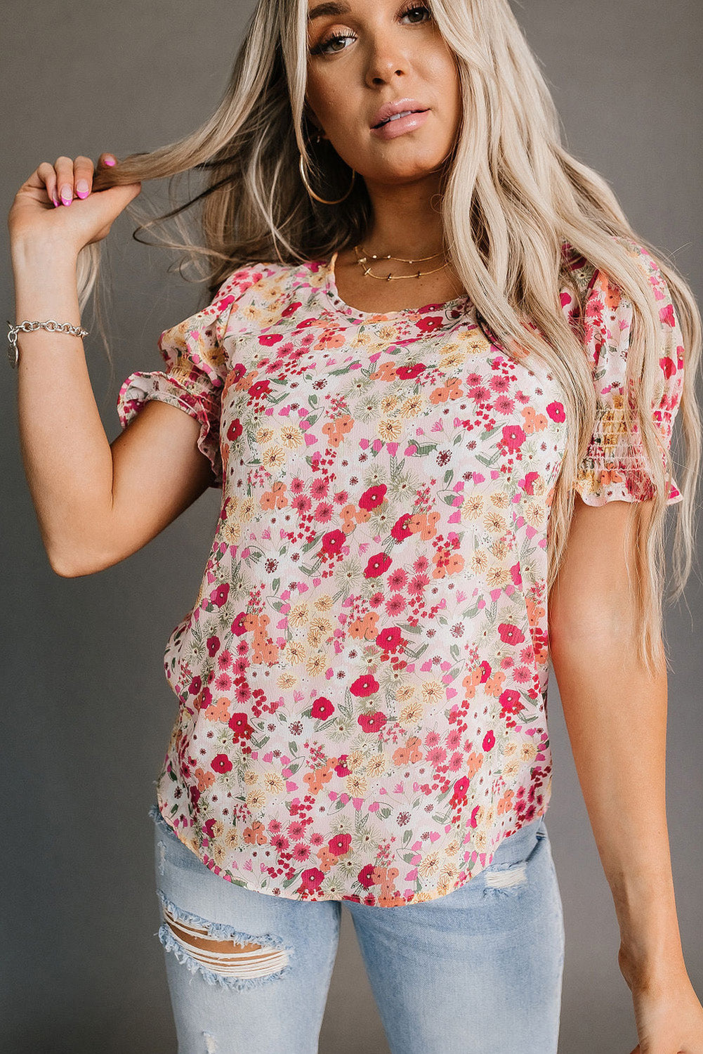 Floral Ruffle Bubble Sleeve Blouse