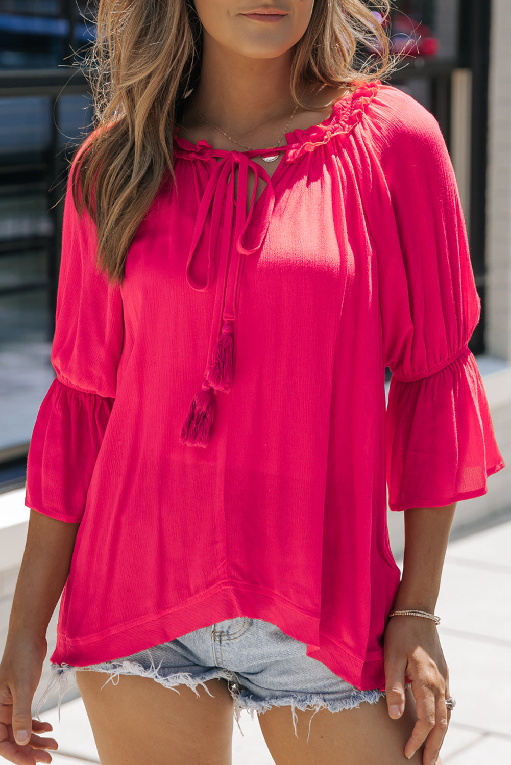 Frilled Split V Neck Ruffled Sleeve Shift Top