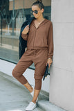 Sweat à capuche zippé en tricot gaufré marron et pantalon, tenue Athleisure