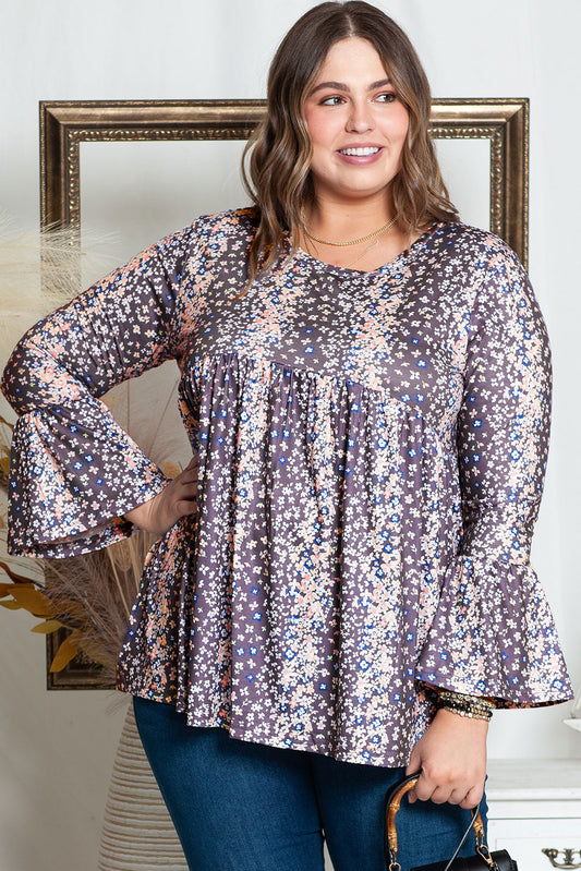 Floral Print Round Neck Plus Size Babydoll Blouse