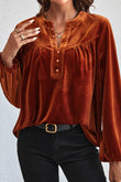 Gold Flame Lantern Sleeve Beaded Split V Neck Velvet Top