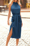 Blue Satin Ruched Sleeveless Side Slit Midi Dress