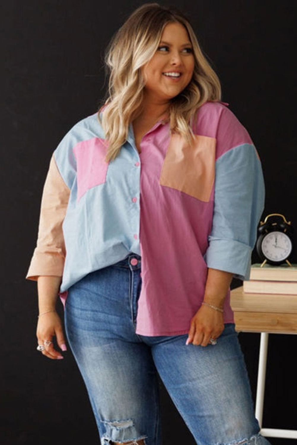 Chemise rose grande taille avec poches poitrine en bloc de couleur