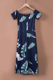 Robe bleu foncé à manches courtes et épaules dénudées à imprimé floral