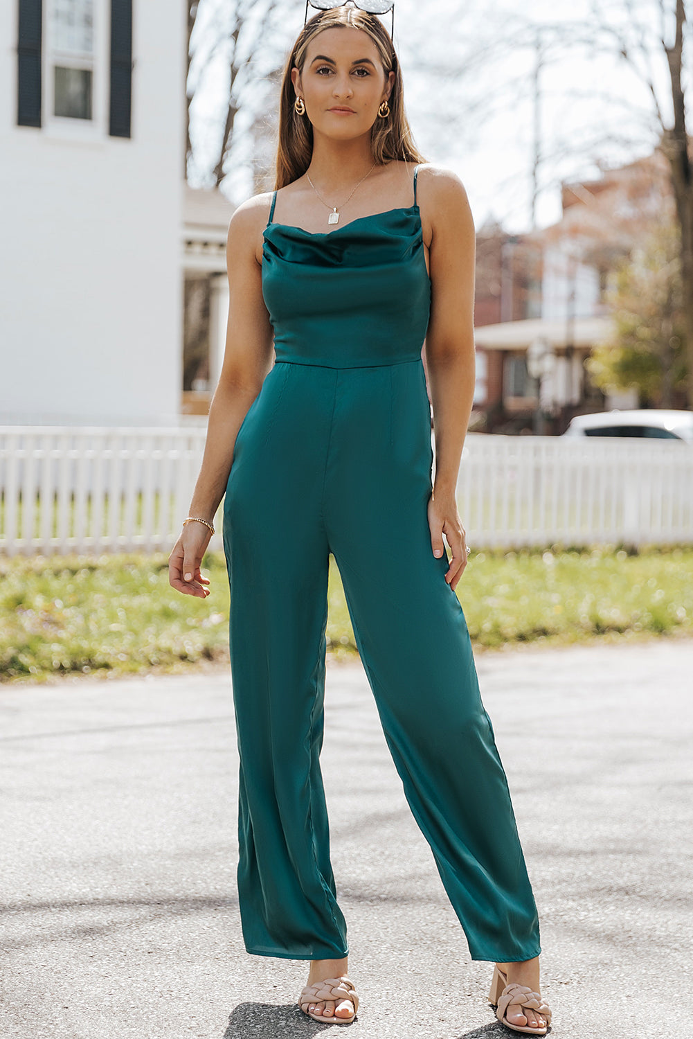 Spaghetti Straps Cowl Neck Satin Jumpsuit