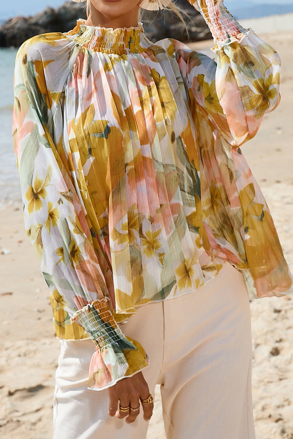 Floral Print Flounce Sleeve Mock Neck Blouse