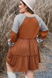 Brown Waffle Knit Leopard Patchwork Long Sleeve Dress