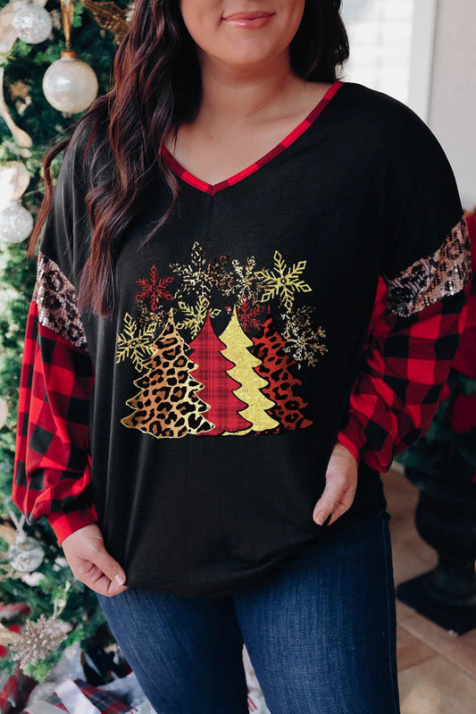 Christmas Tree Plaid Leopard Sequin Plus Size Top