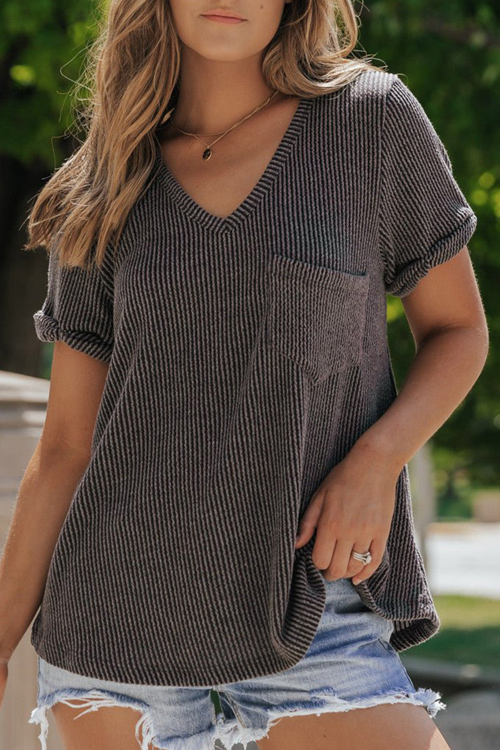 Carbon Grey Twist Short Sleeve Corded V Neck Top