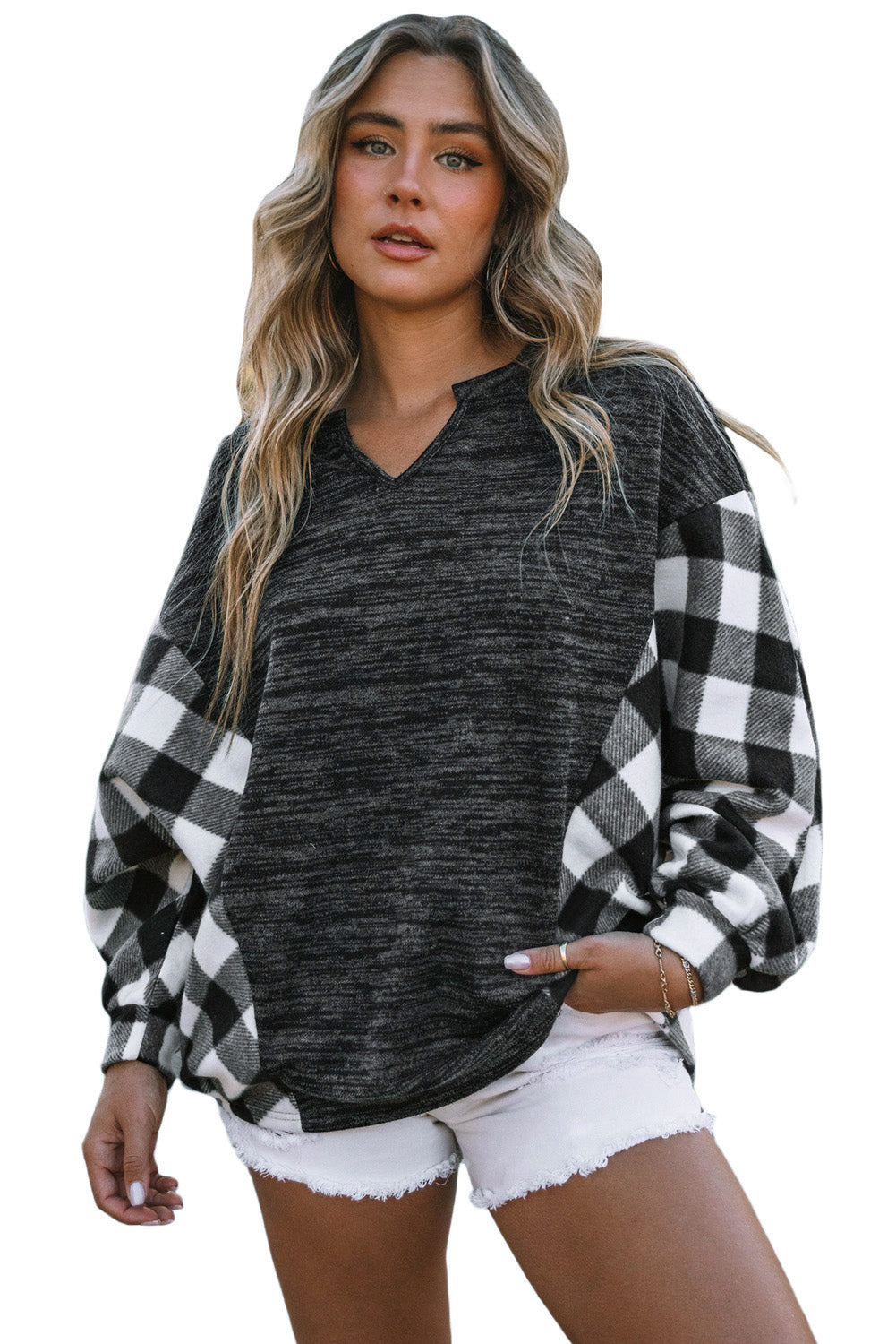 Buffalo Plaid Splicing Split Neck Knit Top